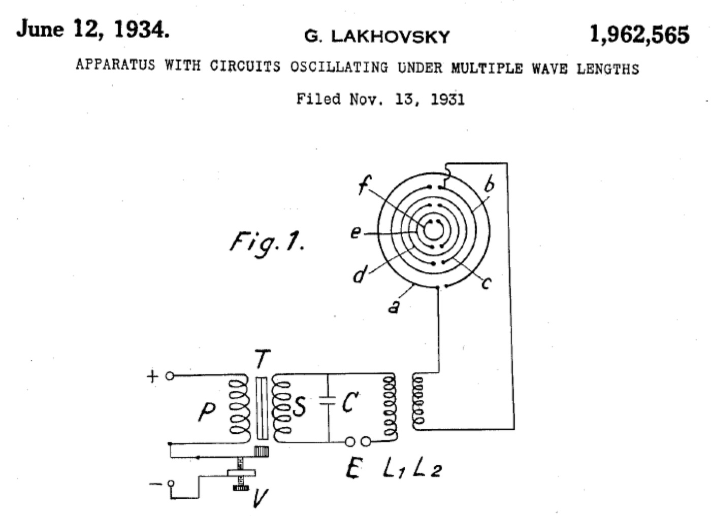 1934 Georges Lakhovsky patent drawing for circuits oscillating under multiple wavelengths