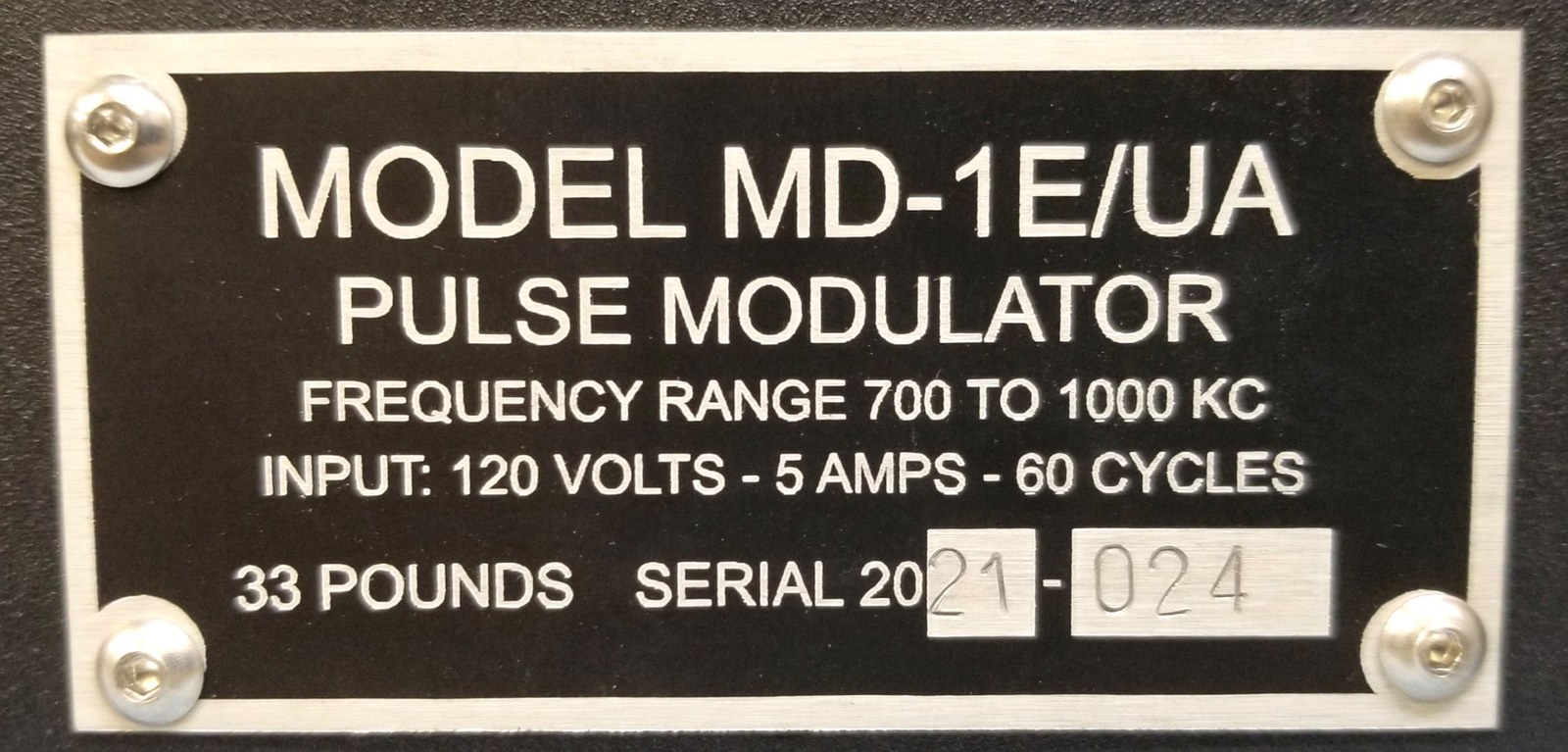 2021 VRIL pulse modulator nameplate marked Model MD-1E/UA and 700 to 1000 KC
